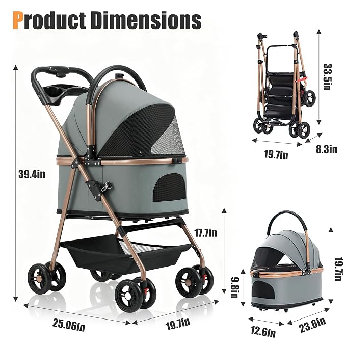 Pet Stroller with Removable Carrier | Lightweight Cat and Dog Stroller with One-Touch Folding|Aluminum Alloy Frame|900D Oxford Fabric and Rain Cover for Travel