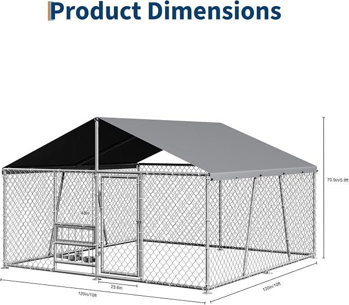 GarveeLife Outdoor Dog Kennel with Waterproof Cover, Dog Kennel Outside with Adjustable Bowls Feeder, Outdoor Dog Enclosure for Medium Large Dogs, 10ftx10ftx5.9ft