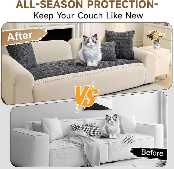 OTOB All Season Couch Cover for Dogs Washable, Geometric Jacquard Non Slip Soft Fuzzy Pet Couch Covers for 3 Cushion Couch, Cozy Plush Sofa Slipcovers Protector Dog Mat (Dark Gray, 27.6" x 82.7")