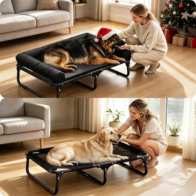 Foldable Elevated Large Dog Cot Bed with Detachable Soft Mat | For Indoor & Outdoor, Raised Orthopedic Pet Bed, Load Over 150 LBS, Carry Handle, Heavy Duty Frame, Non-slip Foot Pads