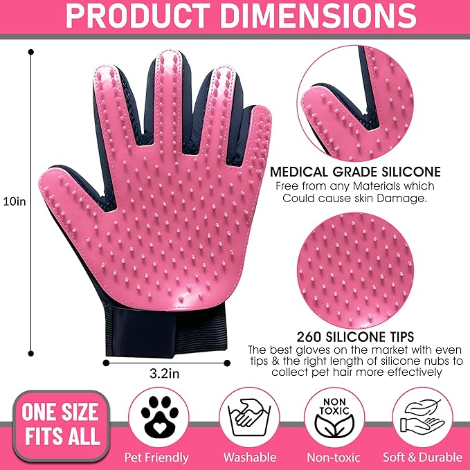ZENELANEP Upgrade Pet Grooming Gloves, Grooming Gloves for Dogs, Cats, Rabbits & Horses with Long and Short Hair, Efficient Pets Hair Remover Mittens - 1 Pair (Pink)