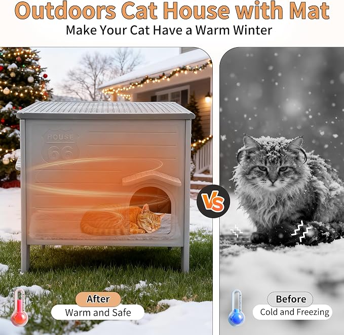 Plastic Cat House Outdoor with Soft Mat - Feral Cat Houses | with Escape Door, Waterproof Outdoor Cat House for Feral Cats, Outside Cat Shelter,Assemble Easily