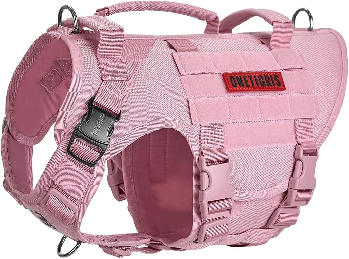 OneTigris Large Tactical Dog Harness, No Pulling Adjustable Dog Vest Harness, Heavy Duty Dog Harness with Handle, Large Hook and Loop Panels for Patch(Pink,S)