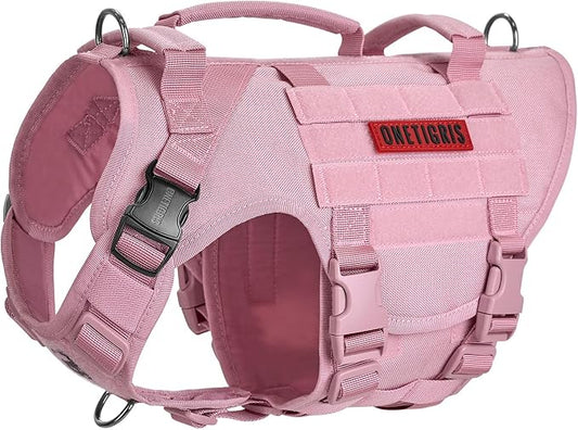 OneTigris Large Tactical Dog Harness, No Pulling Adjustable Dog Vest Harness, Heavy Duty Dog Harness with Handle, Large Hook and Loop Panels for Patch(Pink,S)