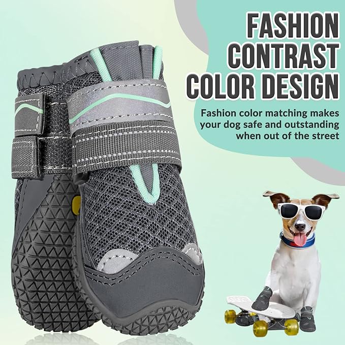 SlowTon Dog Shoes for Large Small Medium Dogs - Breathable Dog Boots for Summer Hot Pavement, Paw Protector for Outdoor Walking Winter Snow, Anti-Slip Rubber Dog Booties for Hardwood Floor (Gray, 3)