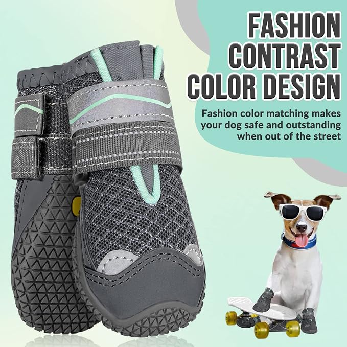 SlowTon Dog Shoes for Large Small Medium Dogs - Breathable Dog Boots for Summer Hot Pavement, Paw Protector for Outdoor Walking Winter Snow, Anti-Slip Rubber Dog Booties for Hardwood Floor (GY, 6)