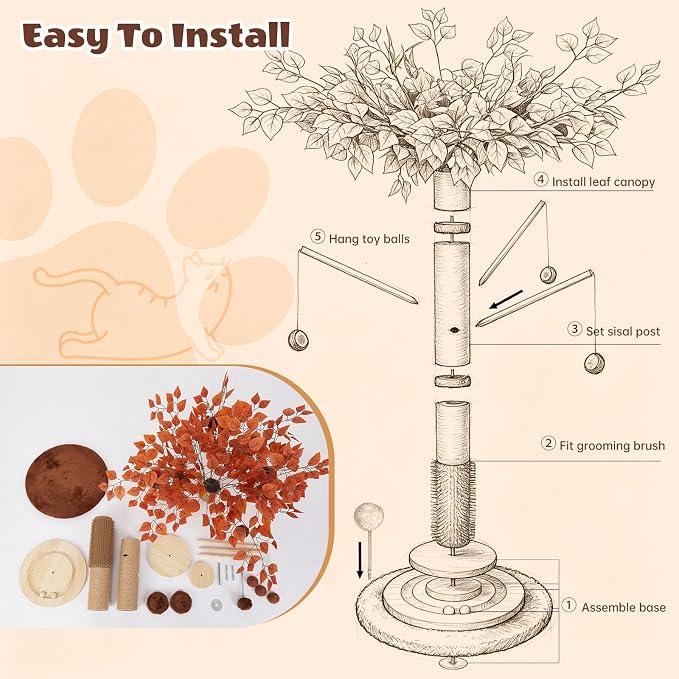46" Extra Tall Cat Scratching Post with Toy for Large and Adult Indoor Cats | Sisal Cat Scratcher Tree with 3D Leaves, Hanging Plush Ball, Stable Wooden Base with Ball Track Toys