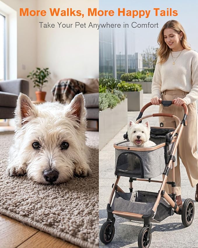 HOVONO Dog Stroller with Detachable Carrier for 2 Pets up to 60 lbs | 3-in-1 Cat Stroller with Lightweight Aluminum, 9.5” Shock-Absorbing Rubber Wheels for All-Terrain, Extra Large Storage Basket