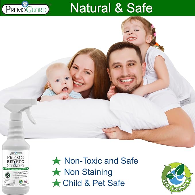 Premo Guard Bed Bug & Mite Killer Spray - 100% Kill Rate Formula, 16 oz | University Tested, Safe for Bedding, Furniture, Fabrics, and Clothing, Non Toxic, Stain & Scent Free, Child & Pet Safe