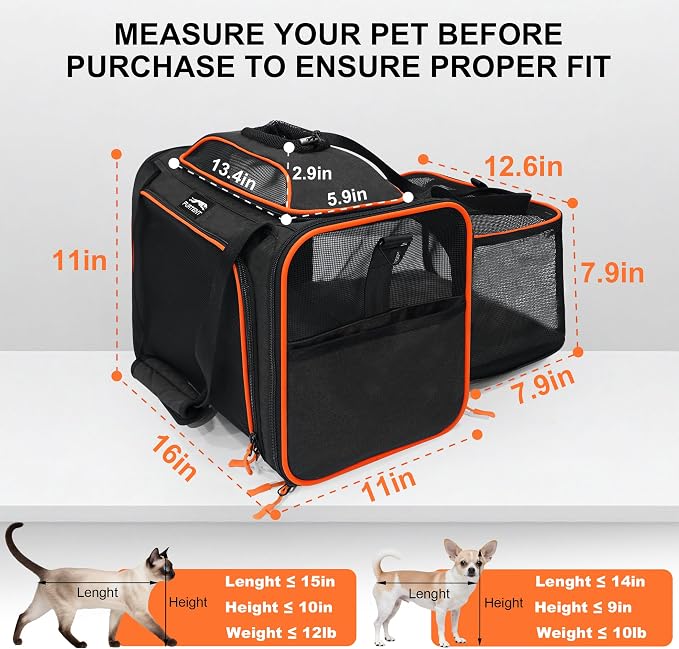 Cat Carrier Soft Expandable Pet Carrier Top & Sides Expandable Airline Approved 360° Ventilation Soft-Sided Cat Carriers Pet Travel Bag with Breathable Mesh Built-in Safety Leash & Reversible Cushion