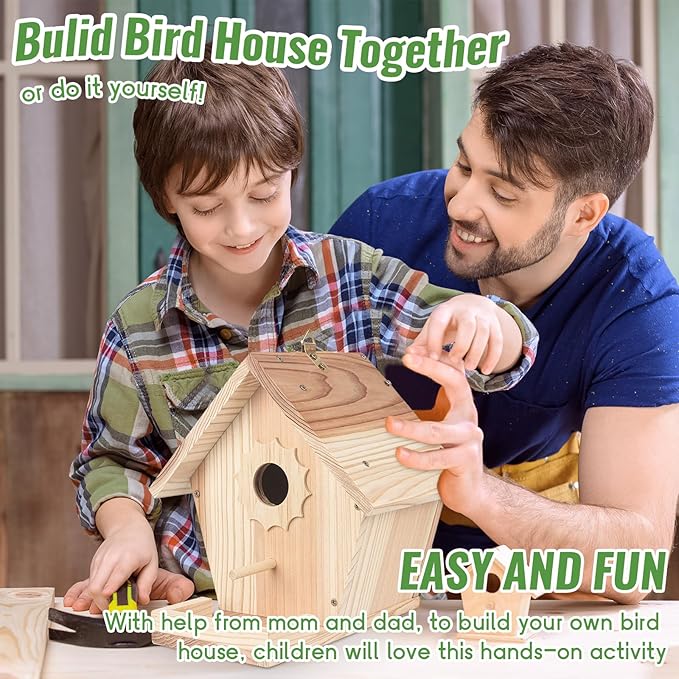 Bird Houses for Outside to Build, DIY Birdhouse Kit with Paint Set, Wooden Bird House with Feeder Trough, Natural Woodworking Kits for Kids and Adults Bird Nest