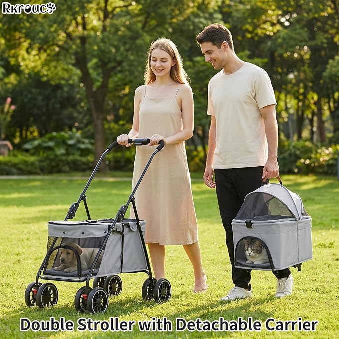 Foldable Double Pets Stroller for Dog Portable Cat Strollers for Small Medium Pet with One Detachable Carrier Flexible Lockable Wheels Lightweight Dogs Jogger (Gray)
