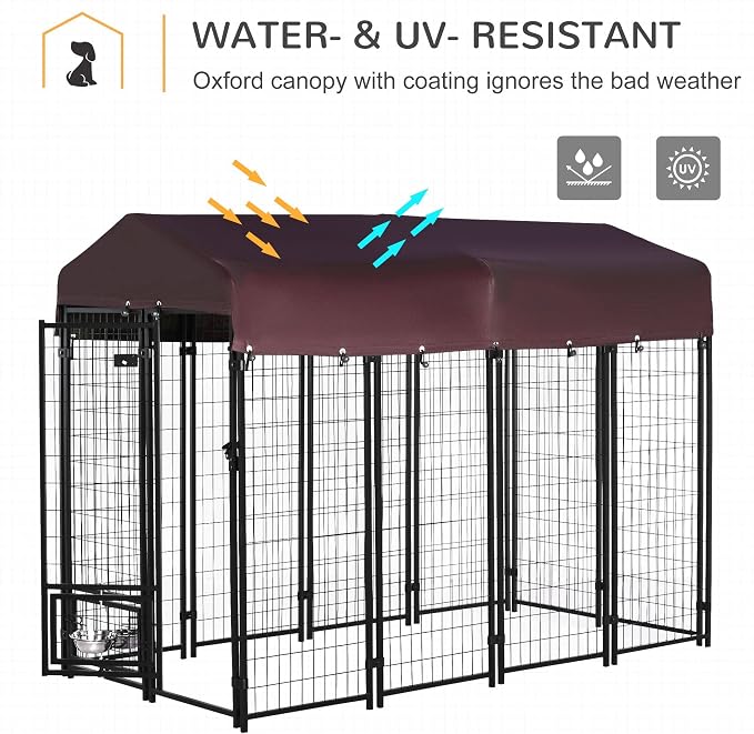 PawHut 8' x 4' x 6' Outdoor Dog Kennel with Rotating Bowl Holders, Walk-in Pet Playpen, Welded Wire Steel with Water and UV-Resistant Canopy, Red | Welded Wire Dog Kennel Outside Run, Waterproof & UV Resistant Cover, for S&M&L Breeds, Chickens & Ducks