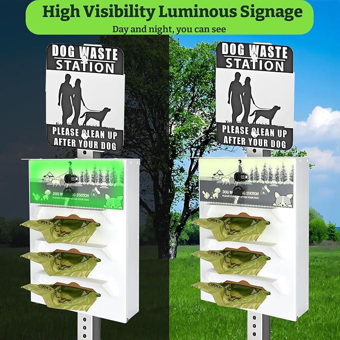Metal Dog Poop Bag Dispenser Wall Mount - 600 Roll Bags Included | Pet Waste Station -Pet Waste Bag Dispenser with Pick Up After Your Dog Sign (Glow in the Dark)