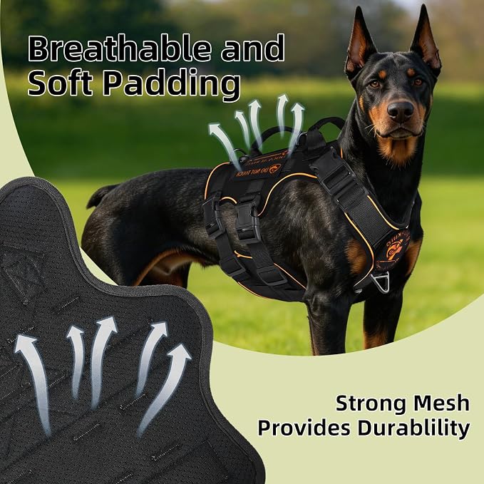 Reflective Tactical Dog Harness with AirTag Holder&3 Pet Patches, Black L | Heavy Duty No Pull Dog Harness, Adjustable Dog Harness, Two Handles, Breathable Mesh Padding, Resists Dirt and Stay Clean