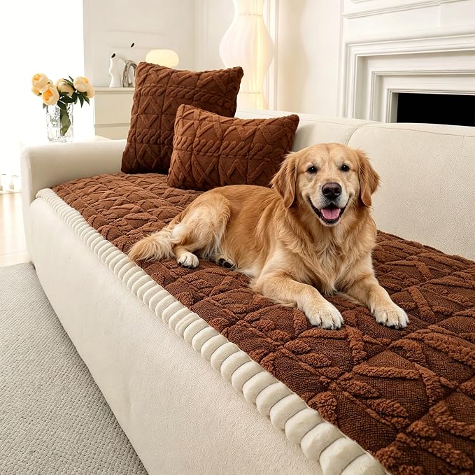 OTOB Couch Cover for Dogs Washable Pet Friendly, Non Slip Plush Fuzzy Love Seat Couch Covers Sofa Slipcovers, Geometric Jacquard Soft Pet Cushion Mat Furniture Protector (Dark Coffee, 27.6" x 59.1")