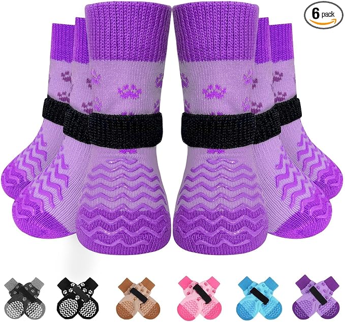 EXPAWLORER 6Pcs Anti Slip Dog Socks to Prevent Licking Paws, Dog Shoes for Hot Pavement Double Sides Dog Boots & Paw Protectors Booties for Hardwood Floors with Grippers Small Medium Large Senior Dogs