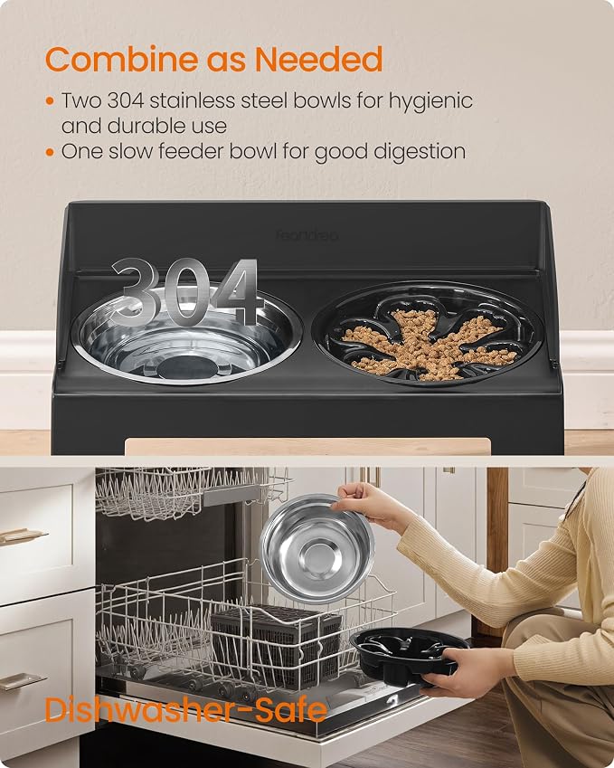 Feandrea Dog Bowls Elevated, Raised Stand with 1 Slow Feeder and Two 304 Stainless Steel Bowls, Adjustable Height and Tilted Design, Ink Black UPRB103B01