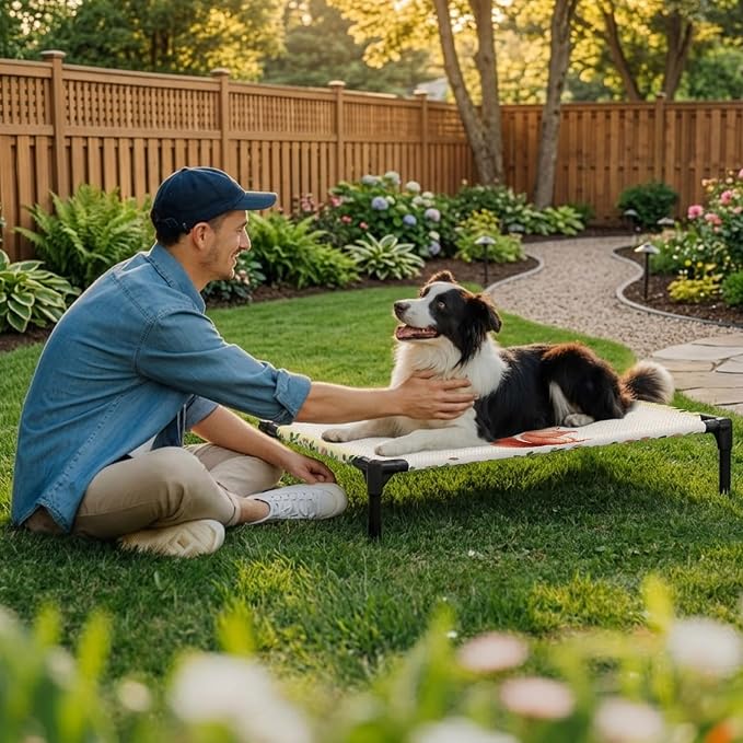 Outdoor Elevated Dog Bed for Large Dogs, Country Squirrels Breathable Cooling Raised Dog Cot for Indoor/Outdoor, Farmhouse Rustic Flower Leaf Plant Beige Waterproof Elevated Pet Beds, L 28 x 22 in