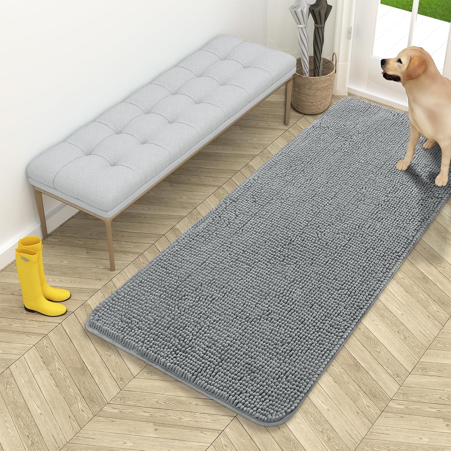 OLANLY Dog Door Mat for Muddy Paws 54x24, Absorbs Moisture and Dirt, Absorbent Non-Slip Washable Doormat, Quick Dry Chenille Mud Mat for Dogs, Entry Indoor Entryway Carpet for Inside Floor, Grey
