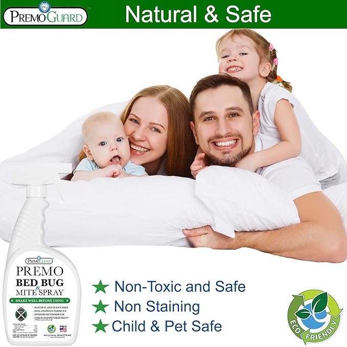 Premo Guard Bed Bug & Mite Killer Spray - 100% Kill Rate Formula, 24 oz | University Tested, Safe for Bedding, Furniture, Fabrics, and Clothing, Non Toxic, Stain & Scent Free, Child & Pet Safe