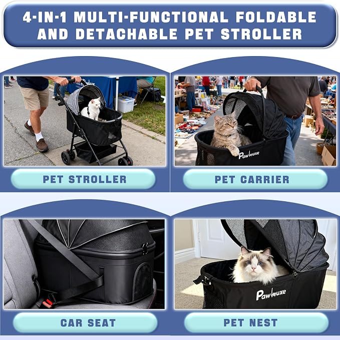 4 Wheels Pet Stroller 4 in 1 Pet Stroller with Detachable Carrier for Small & Medium Dogs Cats up to 55 lbs Easy-Folding Travel Dog Wagon with Car Seat Breathable Mesh,Black