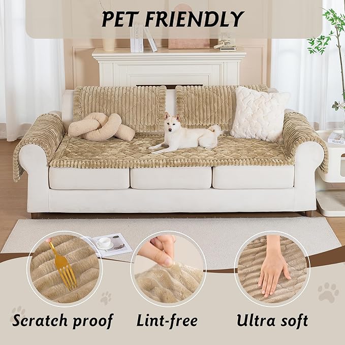 PuTian 100% Waterproof Fuzzy Couch Cover for Dogs Khaki 27.6"x27.6" | Pet Friendly Dog Mat for Couch, Waterproof Sofa Protector, Scratch Resistant Furniture Cover for Dogs, Machine Washable