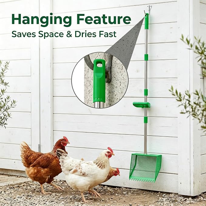 Large Chicken Poop Scooper: 2-in-1 Metal Pooper Scooper & Rake Adjustable 62" Long Handle Stainless Steel Sand Sifting Litter Shovel Chicken Coop Scoop Cleaning Tool for Goat Yard Bright Green