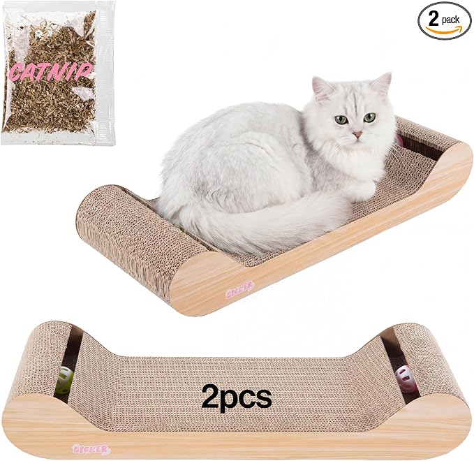 Rini 23.75" Modern Cardboard Cat Scratcher Lounge Bed with Built-in Bell Toys and Catnip, Ergonomic Curved Sofa Design, Oak Wood Finish, Set of 2 CSR1003C-SET2
