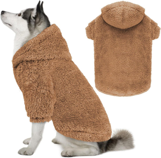 Fuzzy Dog Sweaters for Large Dogs Dog Hoodie Soft Double-Sided Plush Pet Sweater Fleece Pet Clothes Coats Hoodie Sherpa Hooded Sweatshirt(Coffee-XL)