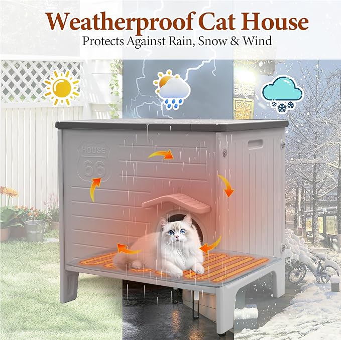 Heated Cat House for Outside with Foam for Outdoor Cat,Plastic cat Shelter | Heated Insulated Cat House, Plastic Weatherproof Insulated cat House, Cat Shelter for Feral Cats