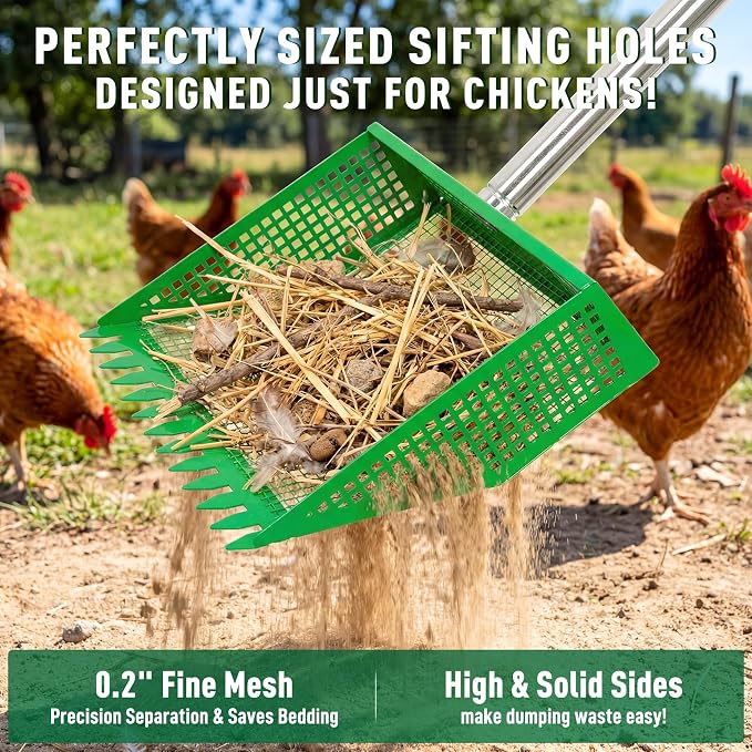 Large Chicken Poop Scooper: 2-in-1 Metal Pooper Scooper & Rake Adjustable 62" Long Handle Stainless Steel Sand Sifting Litter Shovel Chicken Coop Scoop Cleaning Tool for Goat Yard Bright Green