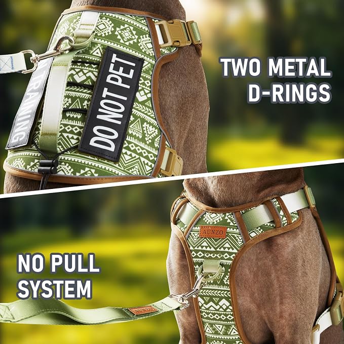AUNZO Green Dog Harness for X-Large Dog Breeds, No Pull Adjustable Pet Harness with Handle, Reflective K9 Military Service Dog Vest for Walking Hiking Training, Green Ethnic, XL