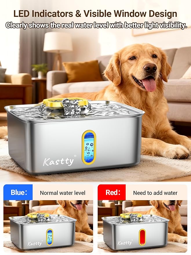 Kastty 4 Gal Dog Water Fountain for Large Dogs, 15L Stainless Steel Pet Water Fountain, QuietTriple Filtration Dog Water Bowl Dispenser with Water Level Window and LED Light Easy Clean(FS78,Yellow)