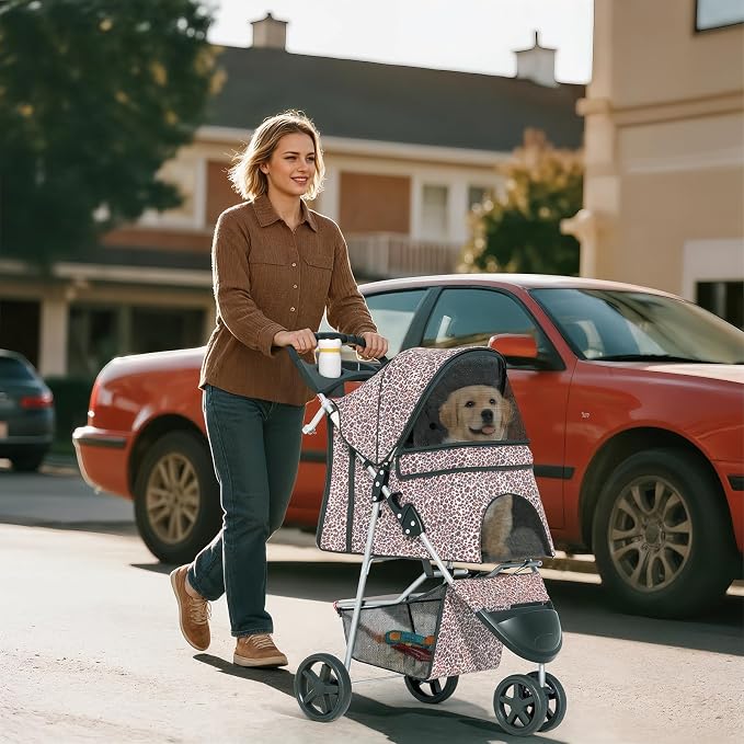 Pet Stroller for Small Dogs 10 lbs, Dog Stroller for Medium Dogs 30 lbs, Cat Strollers for 2 Cats, 3 Wheels Foldable Jogger Puppy Stroller with Storage Basket and Cup Holder, Leopard Print