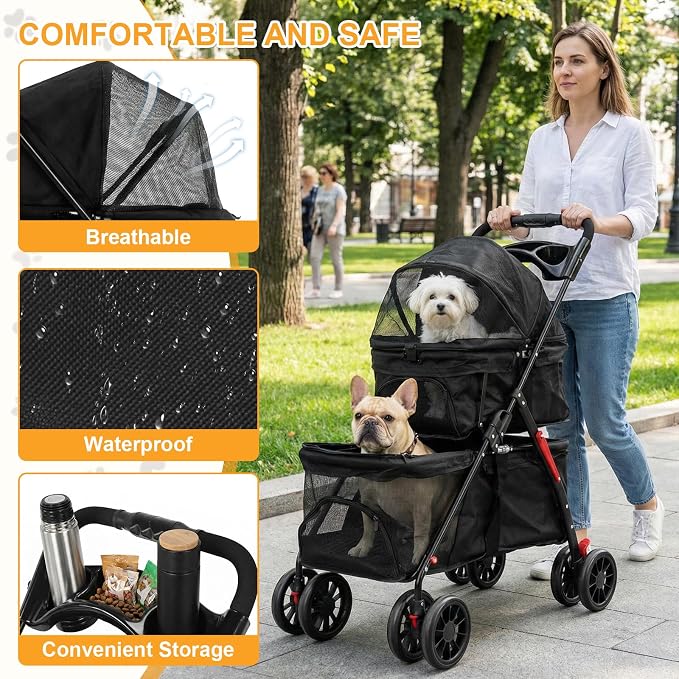 Foldable Double Pet Stroller with Lockable Wheels, Tear-Resistant Fabric | Double Pet Stroller for Dogs and Cats,Cat Strollers for 2 Cats,Double Dog Stroller for 2 Small Medium Dogs,4 Lockable Wheels