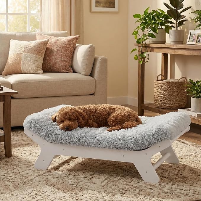 Elevated Wood Dog Bed Frame Mat Set, Whitecolor, Medium | Raised Sturdy Attractive Dog Sofa Couch Furniture,60 lb
