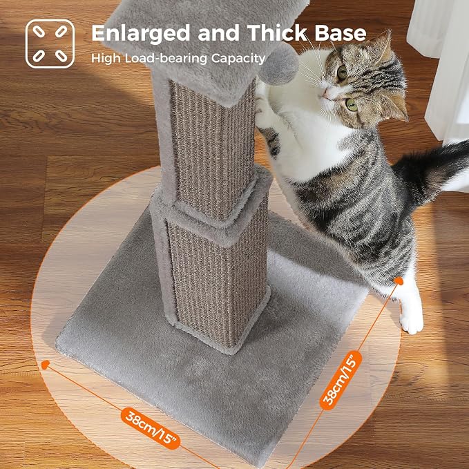 PAWZ Road Cat Scratching Post 32” Tall Square Cat Scratcher | Heavy Duty Cat Post with 16x16”Large Base Covered Sturdy Woven Sisal Scratcher and Cat Toy Ball for Adult and Indoor Cats
