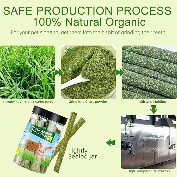 Timothy Hay Sticks for Rabbits & Guinea Pigs - 100% Natural Handmade Chew Treats for Dental Health, 30 Count Small Animal Treats for Chinchillas, Hamsters