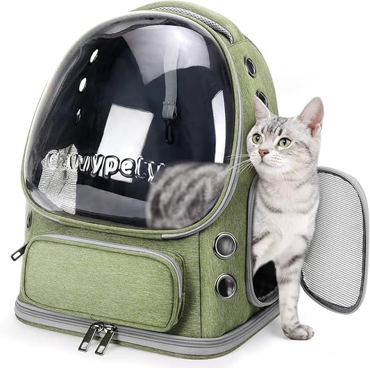 Cawypety Cat Backpack Carrier, Breathable Cat Carrier Large Space Bubble Pet Backpack for Kitty Small Dog up to 15lbs, Transparent & Foldable Pet Carrier for Travel Hiking