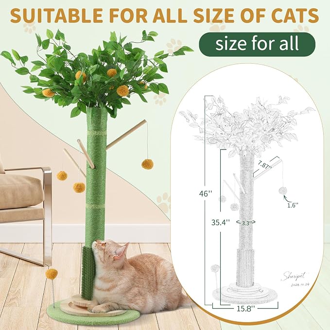 Cat Scratching Post, 46 Inch Tall Cat Scratcher Tree for Indoor Cats Adults with Natural Sisal Rope, Large Scratching Posts with Rubber Brush, 3-Layer Solid Wood Base and Balls Track Toy