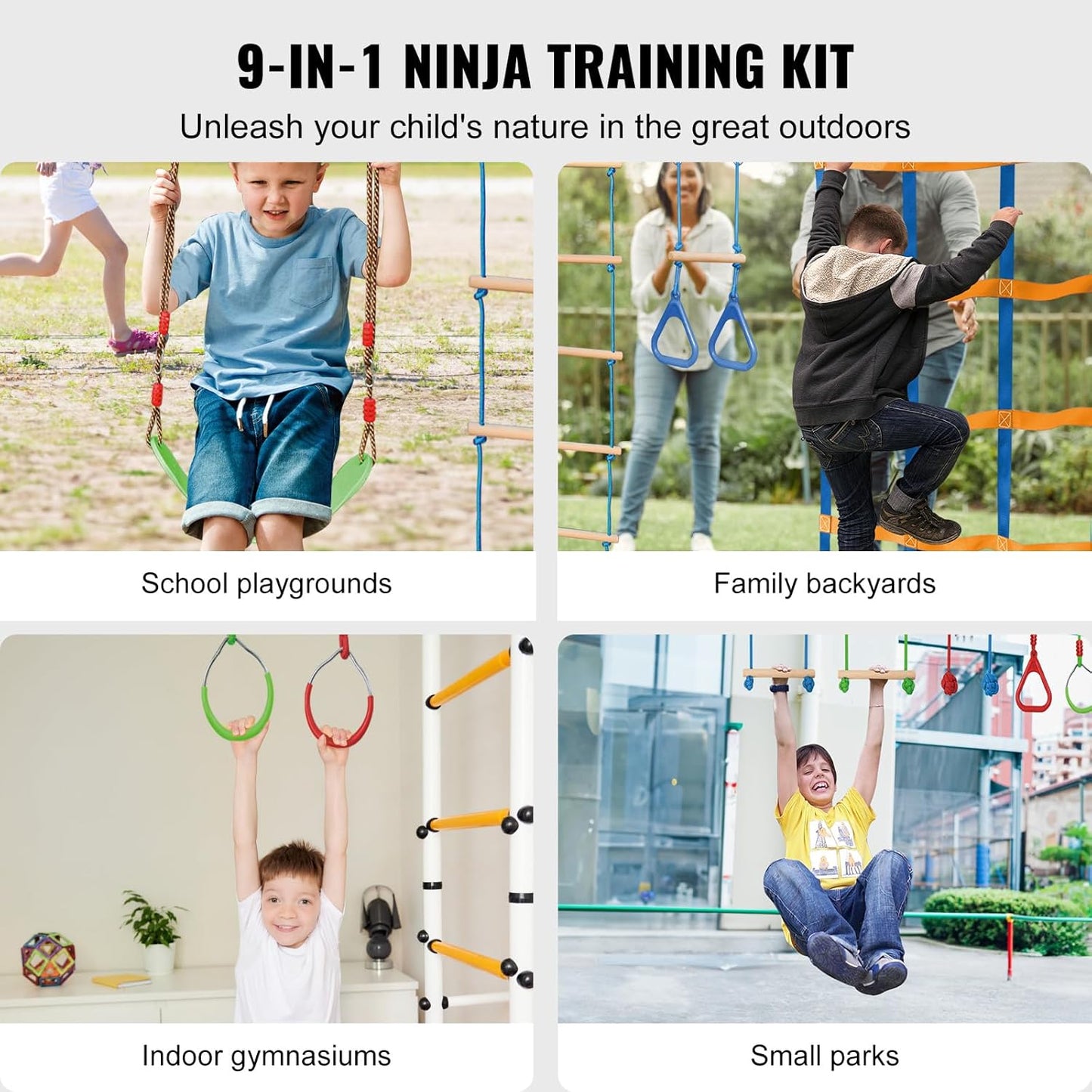 VEVOR Ninja Warrior Obstacle Course for Kids, 2 x 50 ft Weatherproof Slacklines, 500lbs Weight Capacity Monkey Line, Outdoor Playset Equipment, Backyard Toys Training Equipment Set with 12 Obstacles