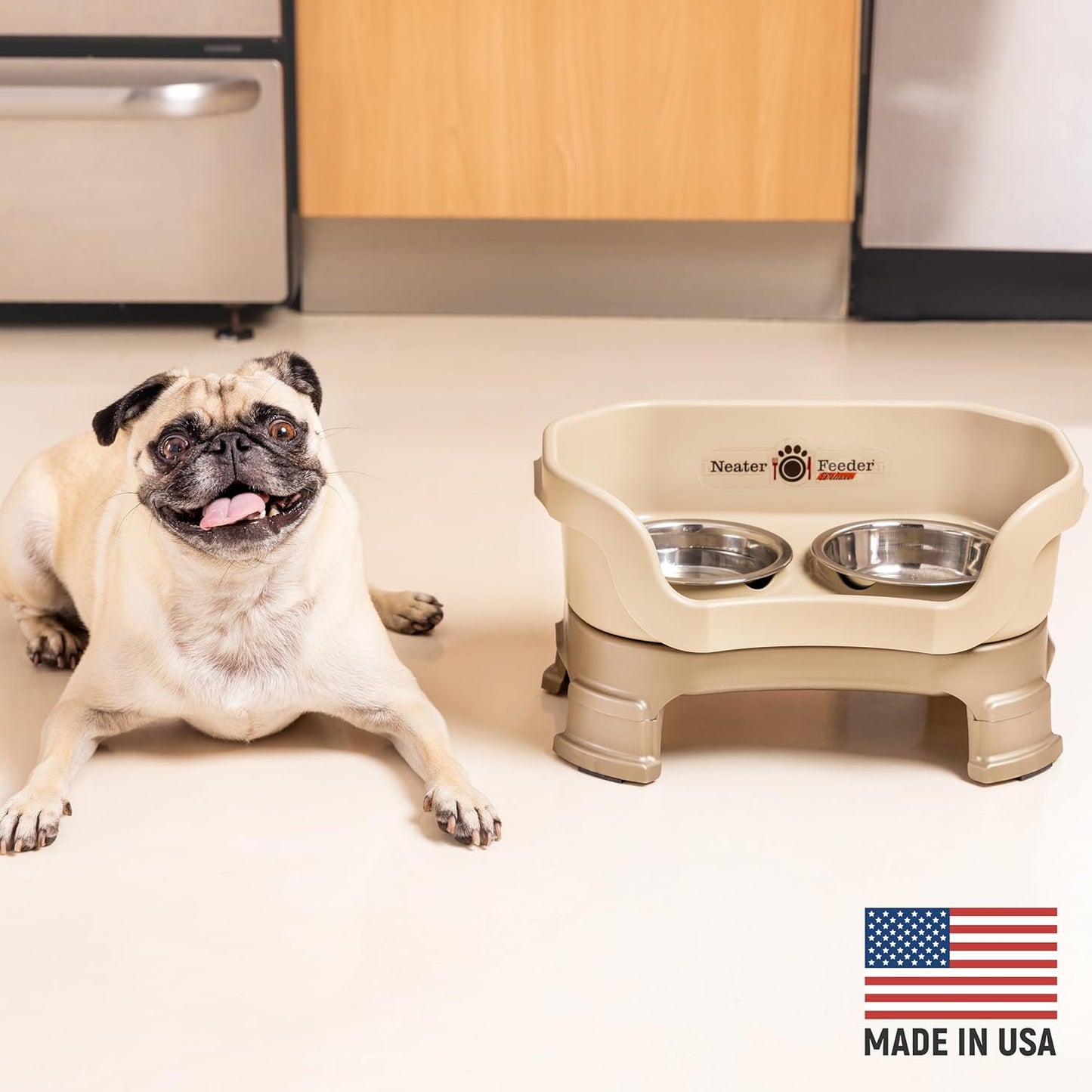 Neater Feeder Deluxe Mess Proof Dog Bowls Elevated for Small Breeds – Made in USA – No Spill Raised Dog Food Bowl Stand w/Leg Extensions – Stainless Steel Dog Food and Water Bowl Set – Beige