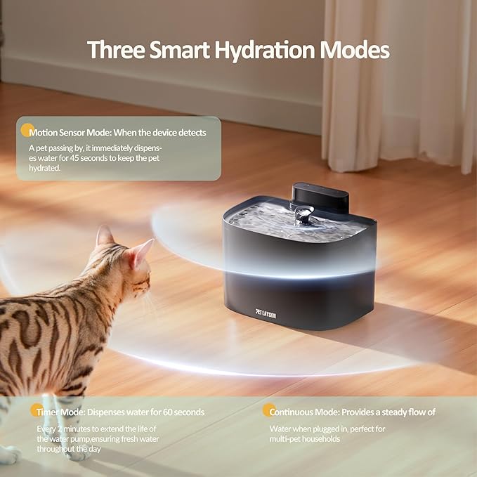 PET LAYSON Pumpless Cat Water Fountain,Smart Cordless Dog Fountains 3.6L/122oz with Maglev Valve Technology Wireless Rechargeable Battery Water Dispenser 8 Filters,2 Nozzles(White01, M1-8 Filter)