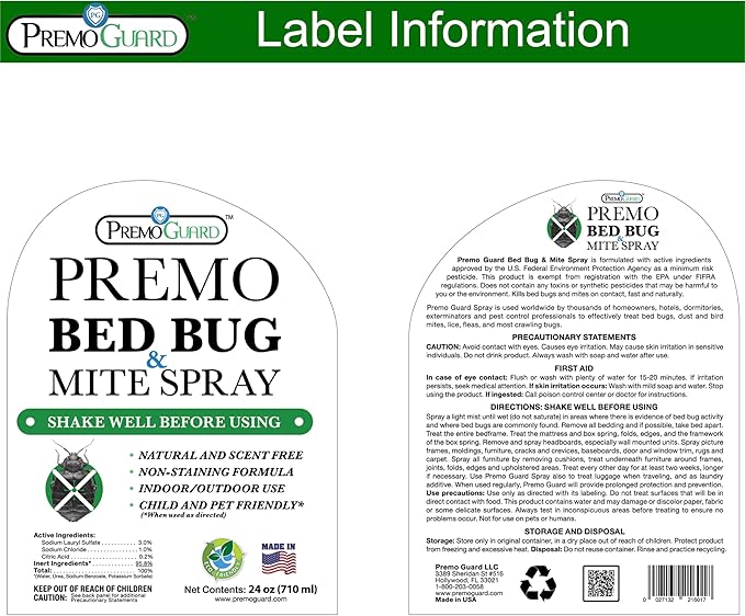 Premo Guard Bed Bug & Mite Killer Spray - 100% Kill Rate Formula, 24 oz | University Tested, Safe for Bedding, Furniture, Fabrics, and Clothing, Non Toxic, Stain & Scent Free, Child & Pet Safe