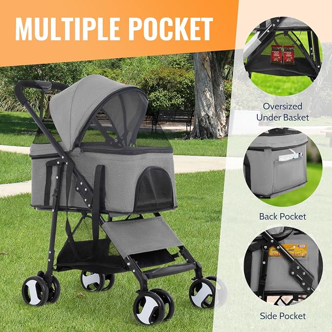 FDW 3 in 1 Multi-Function Dog Jogger with Detachable Carrier, Lightweight Travel Stroller for Small and Medium-Sized Pets (Grey, 4 Wheels)
