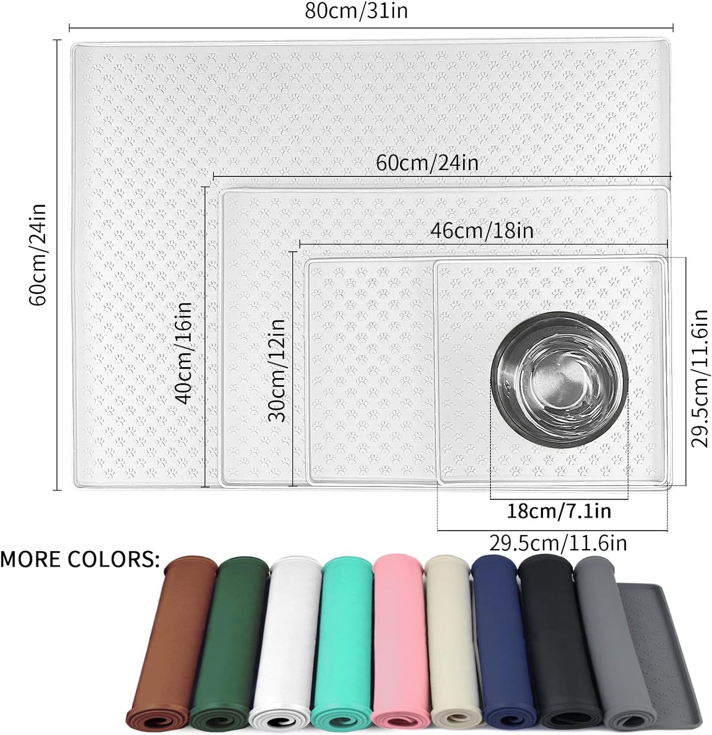 Ptlom Pet Placemat for Dog and Cat, Waterproof Silicone Pet Feeding Bowl Mats for Food and Water, Small Medium Large Dogs Mat Prevent Residues from Spilling to Floor, White, 31.5" 23.6"