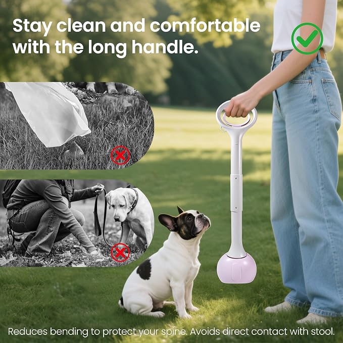 Dog Pooper Scooper Portable with Bag Attachment, One Handed Foldable Design, Includes 120 Waste Bags and Dispenser, 28 Inch Handle for Grass Yard Gravel Cleanup (Purple)