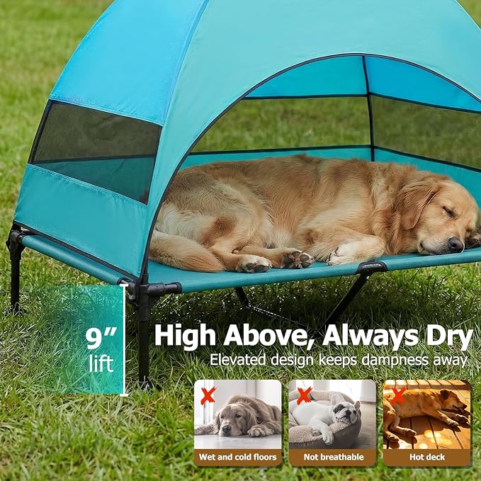 Elevated Dog Bed with UV-Proof Canopy, Outdoor Dog Tent with Powerful Adjustable Feet, Portable Pet Cot with Wider Shade, Raised Cooling Bed for Camping, Patio, Beach, Poolside