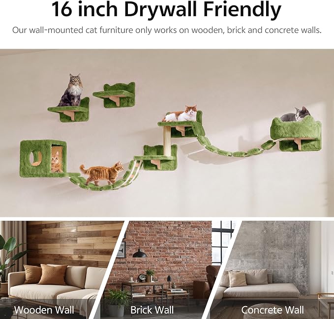 Cat Wall Furniture, 9 in 1 Cat Wall Shelves Set with Bridge, Green | Wall Mounted Cats Shelf for Space-Saving, Multi-Level Cat Climbing Systems for 16 Inch Drywall, with Scratching Posts, Condos